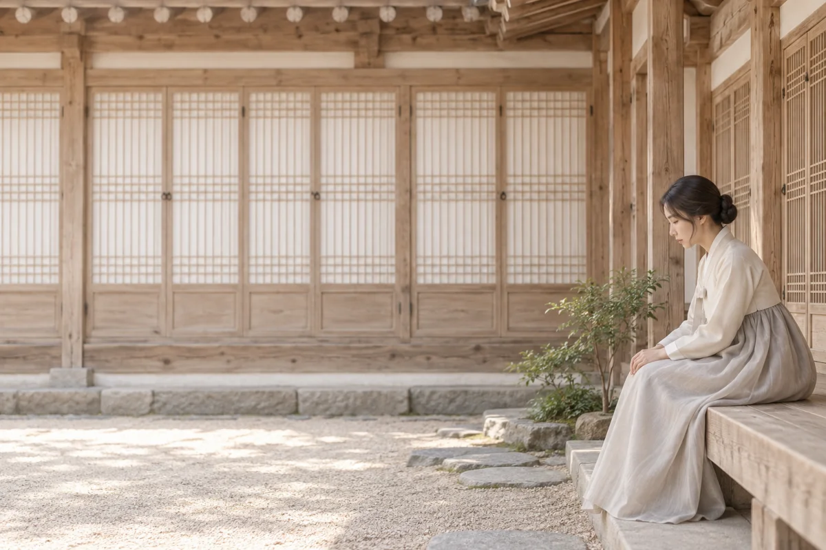 身穿韩服的女性坐在韩屋庭院木廊