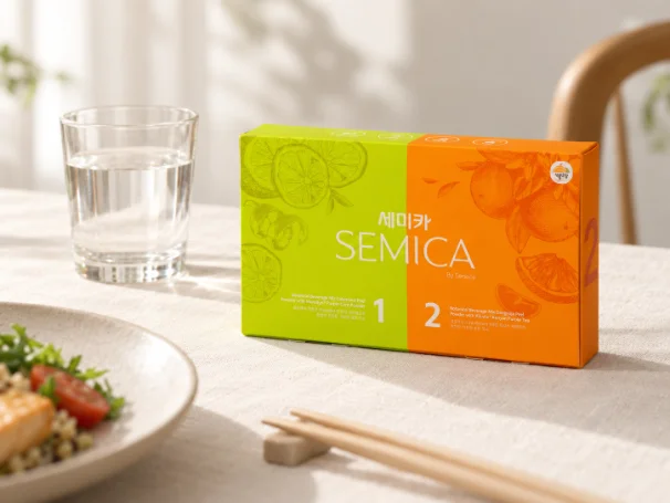餐桌上的 SEMICA 盒装与一杯清水