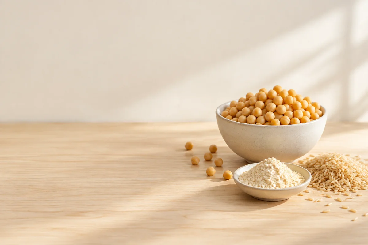 Still life of beans, protein powder and grains on a wooden table