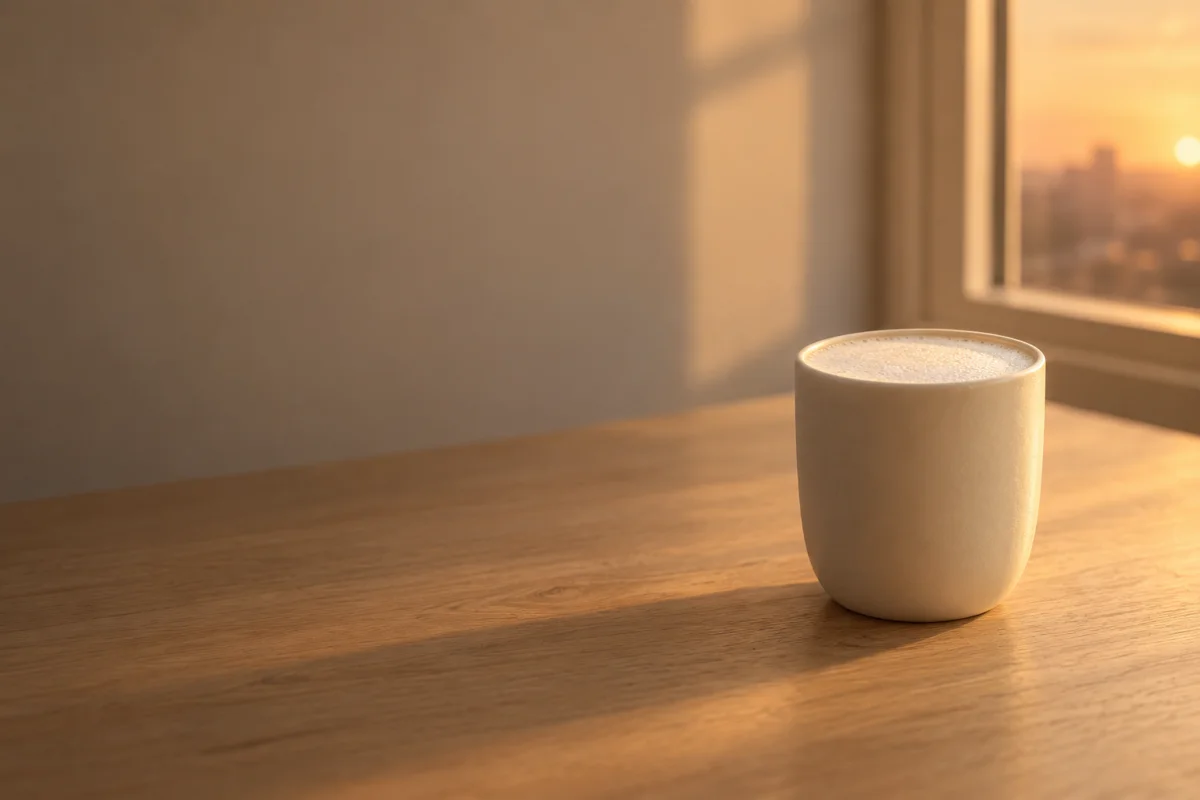 A protein drink on a wooden table by the window at dusk