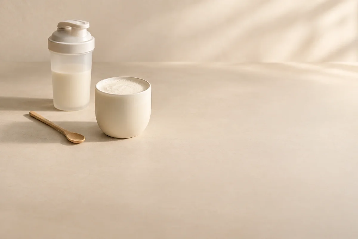 A protein drink and shaker on a counter in morning light